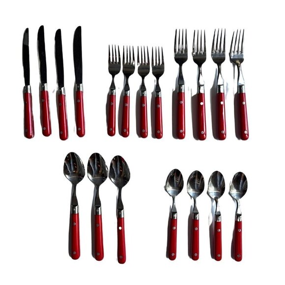 Set of 4 Vintage Red Silverware / Flatware with Riveted Handles - Picture 1 of 5